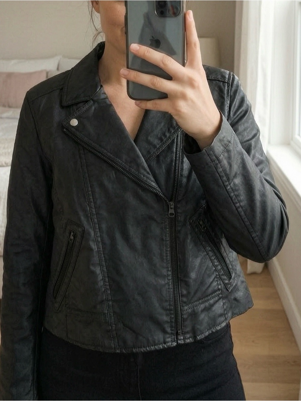 MINT$160 LOFT sz XS Petite Coated Cotton Moto Jacket in Black